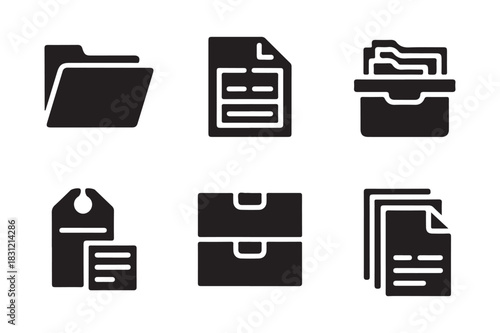 Collection of black silhouette icons representing document organization and storage