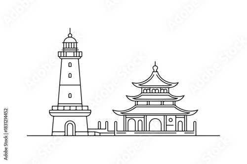 Lighthouse and traditional asian pagoda building line art