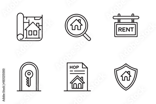 Real estate icons representing property search and ownership