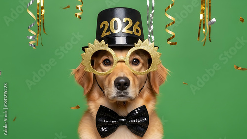 Dachshund crossbreed dog dressed for new year 2026 celebration, sporting a miniature top hat and