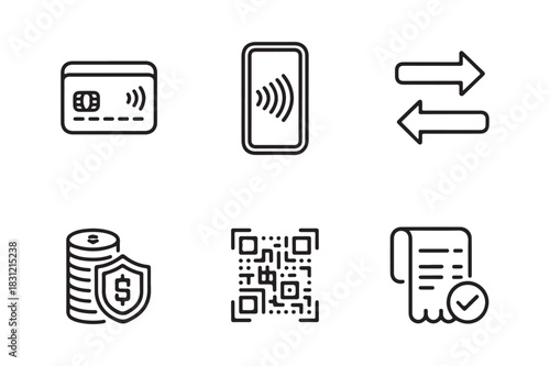 Set of icons representing modern payment methods and transactions