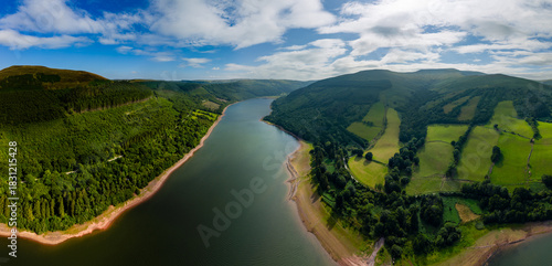 Aerial drone panorama of Talybont Reservoir in the Brecon Beacons National Park, Wales