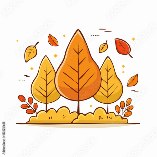 A very cute, warm autumn composition in cartoon style. Three tall stylized trees in golden yellow and orange tones.