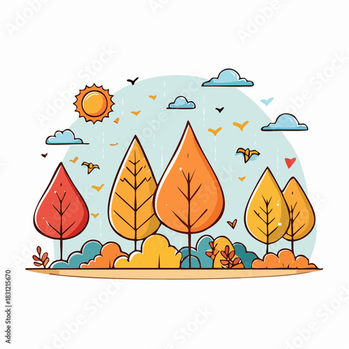 Cute cartoonish sunny golden autumn with the inscription “AUTUMN.” Suitable for children's books, postcards, calendars, packaging, autumn decorations, etc.