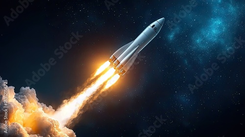 Bold rocket blasting off into deep space for ambitious goals and future success