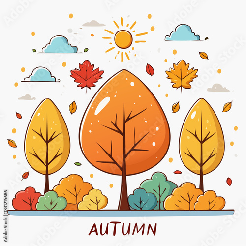 Cute cartoonish sunny golden autumn with the inscription “AUTUMN.” Suitable for children's books, postcards, calendars, packaging, autumn decorations, etc.