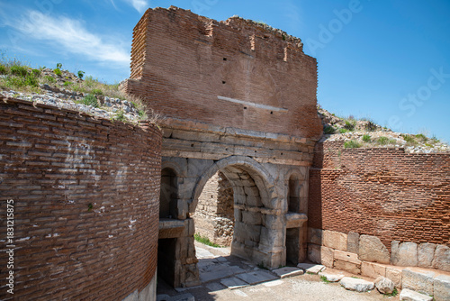 Fototapeta Naklejka Na Ścianę i Meble -  Iznik Castle gate, walls and water channel in Türkiye 2025 