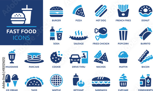 illustration, popcorn, flat, burgers, representing, chicken, sausage, blue, symbol, food, white, theme, pizza, condiments, concepts., fried, burrito, sausages, ketchup, design, popular, vector, drive-