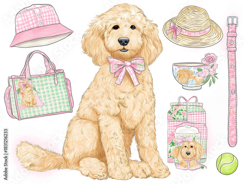 A charming watercolor clipart collection of preppy golden doodle curly haired dogthemed items in Lilly Pulitzer style including a golden doodle with a pa