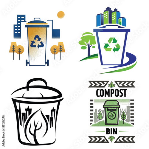 Recycling and compost bins in urban environment with trees and buildings  