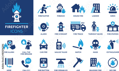 firefighter, fireman, house fire, ladder, siren, alarm, fire hydrant, fire truck, turnout gears, fire station, fire alarm, call the fire brigade, car fire, walkie talkie, match, mask, extinguisher, ho