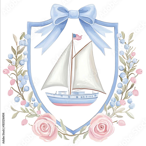 watercolor monogram crest central initials egant serif font soft periwinkle blue palette nautical sailboat with 2 sails upright in sail format the top wi