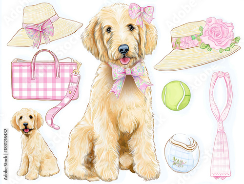 A charming watercolor clipart collection of preppy golden doodle dogthemed items in Lilly Pulitzer style including a labrodor retriever with a pastel bow