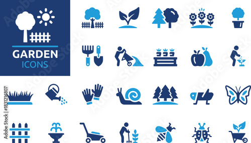garden, gardening, icons, set, nature, plant, tree, flower, sun, fence, watering can, shovel, rake, wheelbarrow, lawn mower, butterfly, ladybug, snail, grass, sprout, pot, apple, pear, gloves, fountai