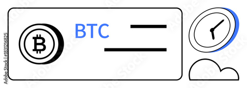 Bitcoin logo and abbreviation with transaction lines, clock, and cloud. Ideal for cryptocurrency, blockchain, finance, investment, time management innovation technology. Simple flat metaphor