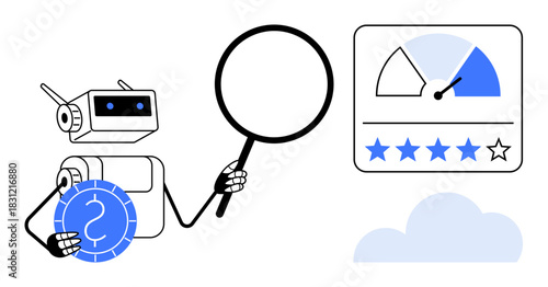 Customer feedback analysis. Robot holding magnifying glass to assess customer satisfaction. Data visualization stars and performance gauge. Ideal for AI, automation, marketing, business strategy