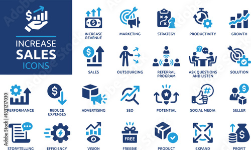 increase sales, icon, set, revenue, marketing, strategy, productivity, growth, sales, outsourcing, referral program, ask questions, listen, solution, performance, reduce expenses, advertising, seo, po