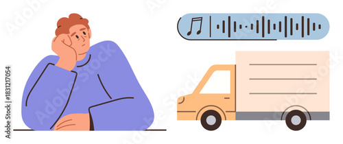 Person resting chin on hand, dreaming as a passing delivery truck emits music with sound waves. Ideal for creativity, dreaming, inspiration, music, transportation, relaxation daydreaming. A simple