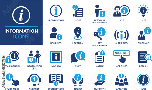 information, icons, set, i, symbol, info, news, personal, help, hint, lightbulb, user, location, key, alert, guidance, confidential, lock, desk, box, chat, speech bubble, notice, more, details, search