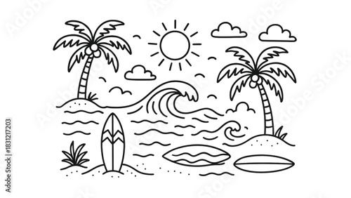 A playful black-and-white line drawing of a sunny tropical beach with palm trees, waves, surfboards, and small islands. Ideal for travel, vacation, summer, and nature themes in stock catalogs.