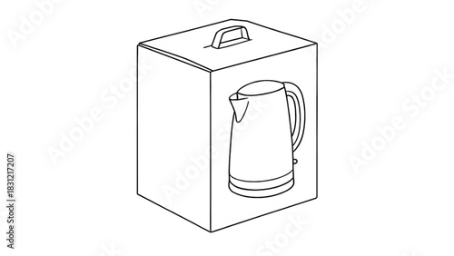 A modern electric kettle is shown inside a cardboard box, highlighting packaging, retail display, and product presentation. Ideal for e-commerce listings, gift ideas, and home kitchen equipment.
