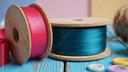 Crafting supplies spools of ribbon buttons and scissors on wooden table