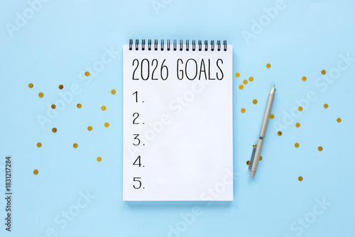 2026 New Year goals background with blank notebook, pen, and holiday decoration. Space for text. Top view. Christmas to-do list or wish list
