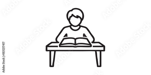 Pupil sit at desk with book thin line icon, book festival concept. Vector graphics. Reader and textbook, school reading sign on white background, style icon mobile or web design