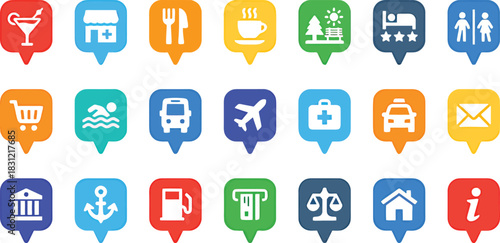location, service, icons, colorful, speech bubbles, map, pin, pointer, cocktail, store, medical, restaurant, cutlery, coffee, cup, nature, park, bench, tree, hotel, stars, bed, people, toilet, restroo