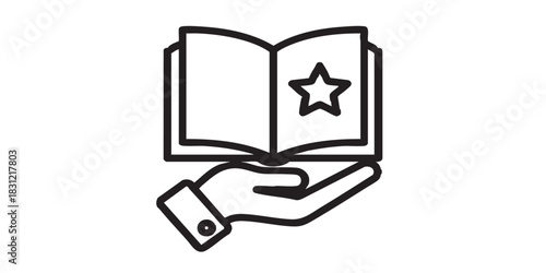 Hand and best book thin line icon, book festival concept. Vector graphics. Book with star in hand, famous author story sign on white background, style icon mobile or web design.
