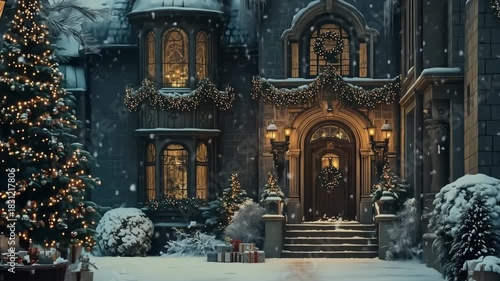 A beautifully decorated mansion during winter, featuring a large Christmas tree, snow-covered surroundings, and festive lights adorning the architecture