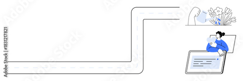Digital workflow. A linear path connects technology and creative process with digital elements and diverse . Digital workflow supports technology, creativity, planning, design, and organization