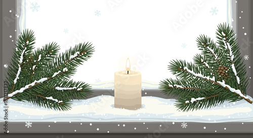 Candle on a snowy windowsill with pine branches and snowflakes creating a christmas scene view indoors