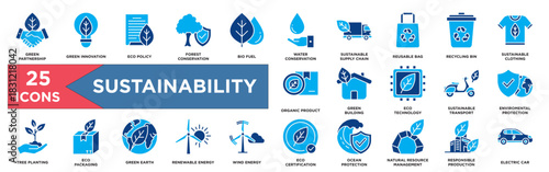 Sustainability Dual Tone Icon Set – Green Partnership, Eco Innovation, Forest Conservation, Water Conservation, Recycling Bin