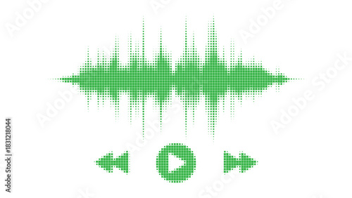 Vibrant green digital sound wave with media player controls for audio playback, representing music, podcasts, voice, or sound technology. Vector