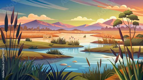 Very beautiful serene wetlands stretch across open prairie, with tall grasses, still water pools, and soft warm light creating a peaceful natural scene ideal for environmental, travel, and outdoor the