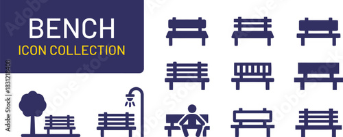 bench, park, seating, outdoor, furniture, icon, collection, set, illustration, graphic, design, tree, lamppost, person, sitting, silhouette, navy blue, white, isolated, white background, public space,