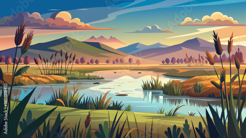 Very beautiful serene wetlands stretch across open prairie, with tall grasses, still water pools, and soft warm light creating a peaceful natural scene ideal for environmental, travel, and outdoor the