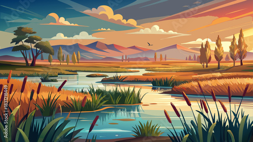 Very beautiful serene wetlands stretch across open prairie, with tall grasses, still water pools, and soft warm light creating a peaceful natural scene ideal for environmental, travel, and outdoor the