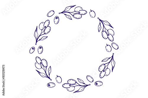 Circular arrangement of olives and olive leaves for food-related designs, Mediterranean themes, and culinary projects. Vector doodle sketch olives wreath, vegan diet. Olive twigs, berries round frame.