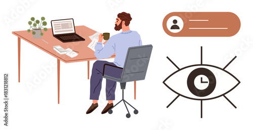 Male professional reading papers at desk with laptop, cup of coffee, and plant. Eye with clock symbol and profile ID suggest focus, time management, workflow, personal organization. Ideal