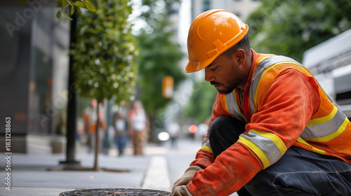 Fototapeta Naklejka Na Ścianę i Meble -  Faceless Worker Opening a Small Utility Hatch in the Pavement Crouching Near a Street Corner Accessing Underground City Systems for Inspection defocused pedestrians