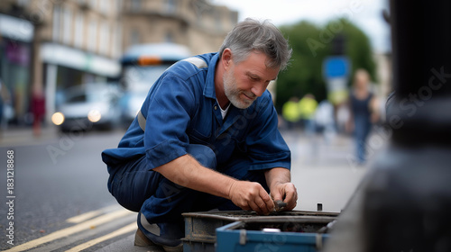 Fototapeta Naklejka Na Ścianę i Meble -  Faceless Worker Opening a Small Utility Hatch in the Pavement Crouching Near a Street Corner Accessing Underground City Systems for Inspection defocused pedestrians