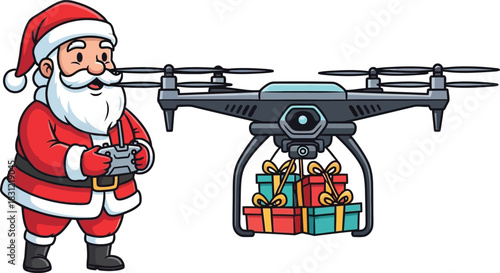 Santa claus operating a drone carrying christmas presents on a white isolated background image