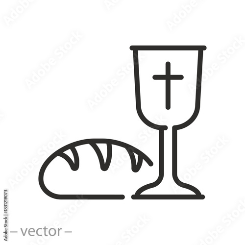 Easter cup with bread. Holy communion. Linear illustration.