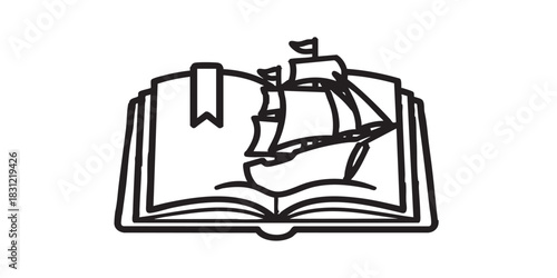 Ship and book with bookmark thin line icon, book festival concept. Vector graphics. Book with vessel, marine story sign on white background, style icon mobile or web design