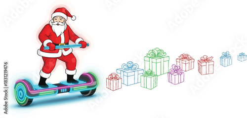 Santa claus riding a hoverboard with gifts following behind on a white isolated background scene