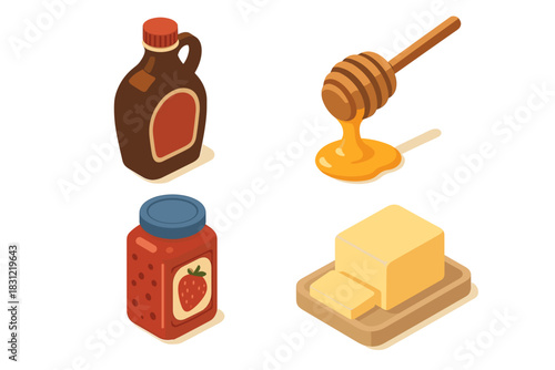 Collection of Breakfast Condiments Including Maple Syrup Honey Strawberry Jam and Butter