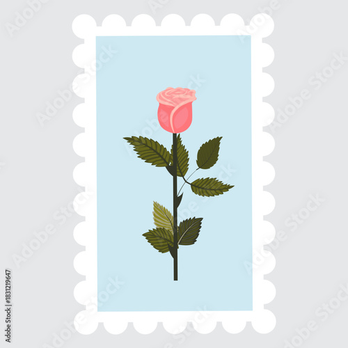 A postage stamp depicting a graceful light pink rose on a stem. Vector illustration isolated on a gray background.
