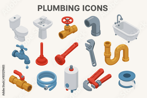Collection of Colorful Plumbing Icons Featuring Bathroom Fixtures and Tools on a Neutral Background